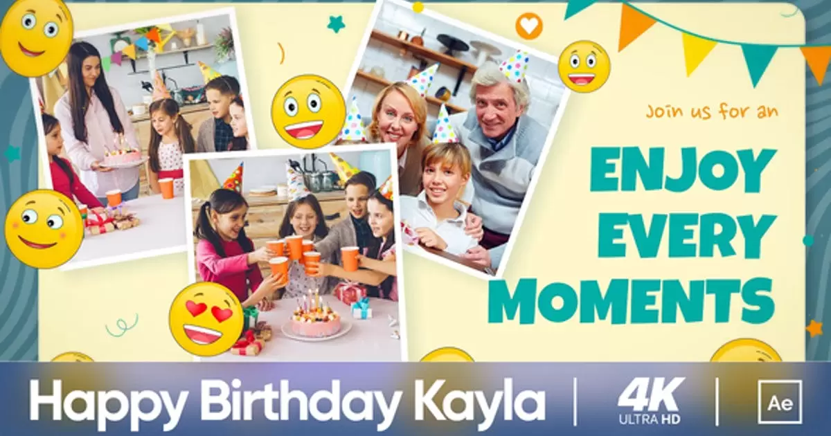 生日快乐儿童卡通电子相册AE视频模版Happy Birthday Kayla